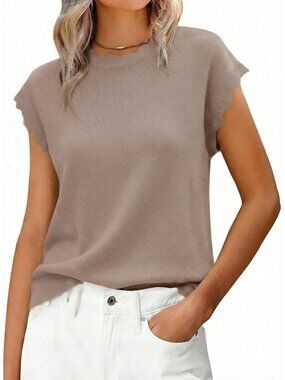 Women's Oatmeal Summer Cap Sleeve Lightweight Knit Sweater Soft Scallop Top